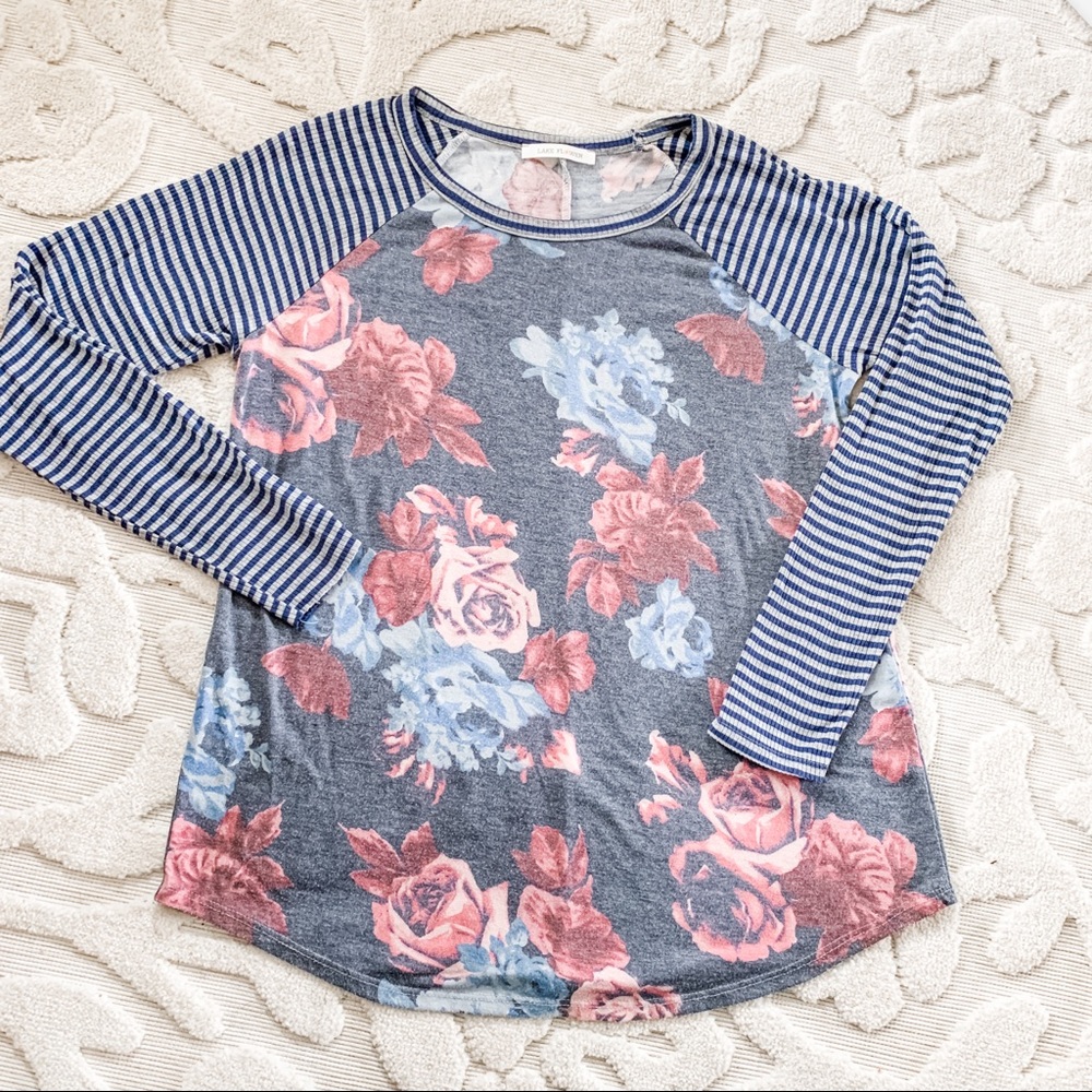 Floral and Striped Raglan Tunic by Lake Flower